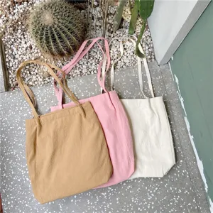 Washed cotton linen shoulder tote bag, casual daily handbag, simple minimalist style.