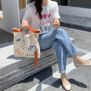 Sac cabas fourre-tout en toile pour femme avec lanières contrastées, grand sac décontracté.