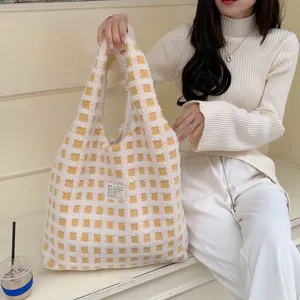 Plush waffle check tote bag, large capacity casual handbag for women commute and daily school use.