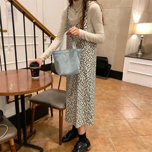 Mini corduroy handbag casual vintage tote bag for women daily versatile light blue stylish bag