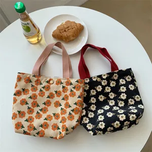 Cute corduroy daisy print lunch tote bag handbag casual small storage organizer for women