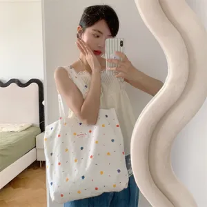 Borsa a tracolla in tela con pois colorati estivi, grande borsa casual per studenti.