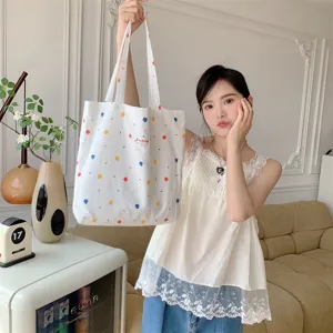 Borsa tote in tela casual con pois colorati, grande borsa a tracolla per tutti i giorni.
