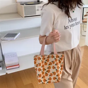 Corduroy small floral print handbag, cute daily canvas tote bag for women and lunch box storage.