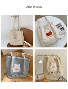 Japanese corduroy cute rabbit embroidery shoulder bag casual literary student tote bag.