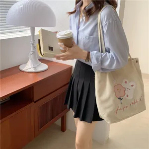 Japanese style corduroy shoulder bag cute rabbit embroidery casual tote bag for students