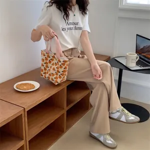 Cute daisy print canvas handbag mini tote bag small lunch bento storage bag for daily use.