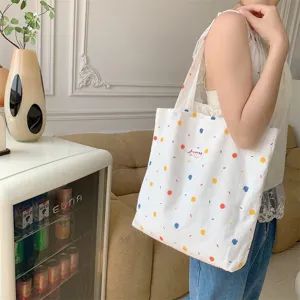 Borsa shopper in tela con pois estivi, grande borsa a mano casual per studenti e uso quotidiano.