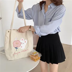 Corduroy shoulder bag with cute rabbit embroidery, casual daily tote for students.