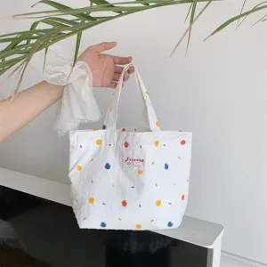Borsa tote in tela estiva con pois colorati, borsa a mano casual per studenti.
