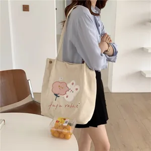 Japanese cute corduroy shoulder bag with flower and rabbit embroidery for students.