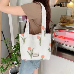 White pleated canvas tote bag with tulip embroidery, large capacity shoulder bag for women.