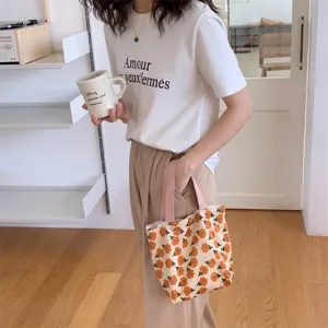 Corduroy floral lunch bag aesthetic small handbag daily casual tote pouch for women and girls style.
