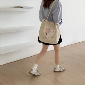Cute corduroy shoulder bag Japanese style casual canvas tote with rabbit embroidery for student.