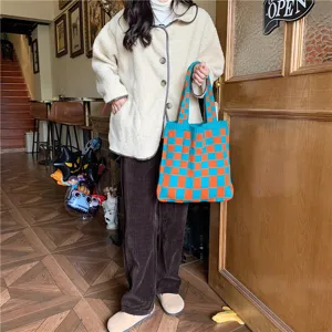 Knitted checkerboard tote bag for women, autumn winter casual large capacity handbag stylish.