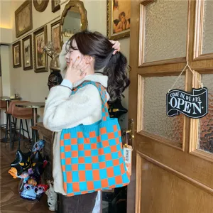 Casual blue orange checkered knit tote bag for women, spacious shoulder knit handbag.