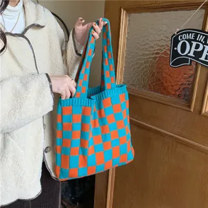 Blue Orange Checkered Knitted Tote Bag Casual Soft Handbag Large Capacity Winter Women