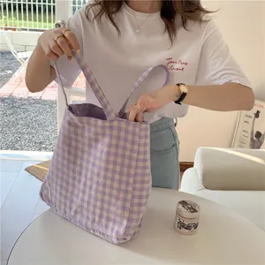 Casual purple gingham canvas tote bag for women, simple shoulder student shopping bag.