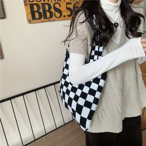 Black and white checkerboard knit tote bag, casual large capacity shoulder bag for autumn winter