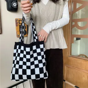 Black and white checkerboard knit tote bag, casual large capacity handbag for women.