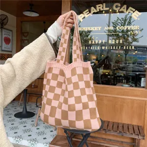 Pink brown knitted checkerboard tote bag stylish autumn winter casual handbag ins style detail
