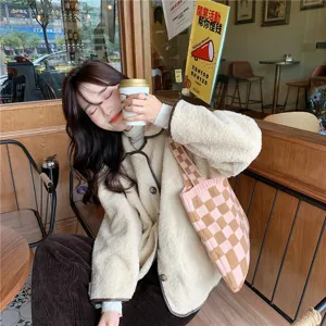 Knitted checkered tote bag for women, autumn winter casual large capacity handbag, detail view.