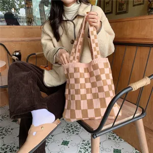 Knitted checkered tote bag for women, stylish brown and beige shoulder bag, casual everyday handbag.