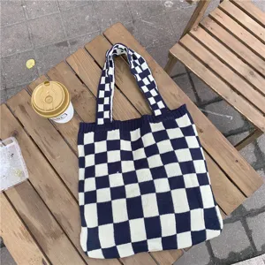 Knitted checkerboard tote bag for women, casual large capacity shoulder bag for daily use.