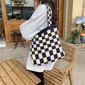 Chic knitted checkered tote bag for women, casual large capacity shoulder bag for autumn.