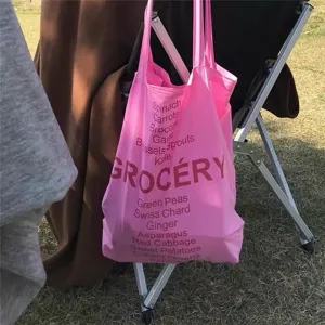 Rose pink canvas tote bag for women, stylish grocery print shoulder bag, casual outdoor handbag.