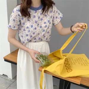 Stylish yellow canvas tote bag with grocery vegetable print, casual shoulder bag for women.