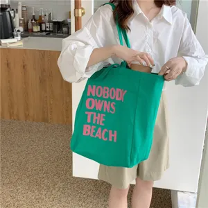 Korean style minimalist letter printed canvas tote bag, large capacity casual shoulder bag.