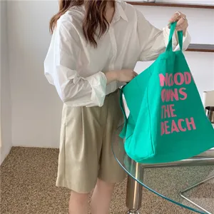 Korean style literary simple letter canvas shoulder bag for women large capacity tote bag