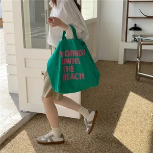 Korean style minimalist letter print canvas tote bag, large capacity casual shoulder shopping bag.