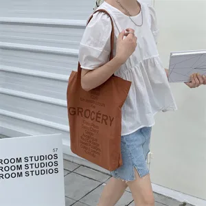Brown canvas tote bag for women casual grocery letter print large shoulder shopping bag.