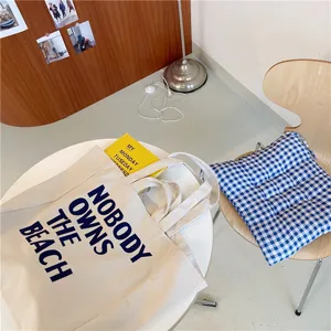Korean literary minimalist canvas tote bag, large capacity shoulder shopping bag with letters.