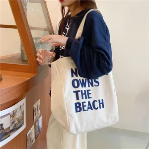 Detailed shot of a Korean style canvas tote bag with letter print, large capacity for daily use.