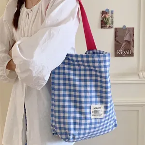Stylish blue and pink plaid canvas tote bag for women, perfect for daily commuting.