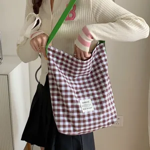 Canvas tote bag women brown white plaid shoulder bag casual retro large capacity handbag