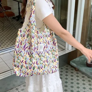 Cute floral canvas tote bag for women, large capacity casual single shoulder handbag daily use.