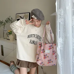 Large capacity corduroy tote bag for women, cute shoulder shopping bag with letter print.