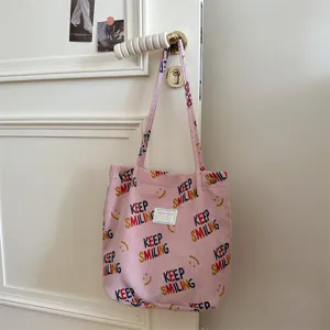 Pink corduroy tote bag with smile print casual large shoulder shopping bag for women