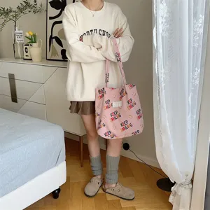 Pink corduroy tote bag, large capacity shoulder bag for women, daily commute shopping bag.