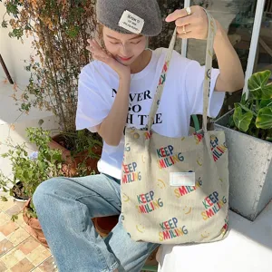 Casual corduroy tote bag for women, large capacity shoulder handbag, stylish daily commute bag.