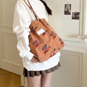 Corduroy tote bag for women, large capacity shoulder bag, casual everyday student book bag.