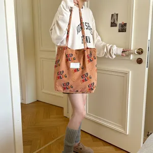 Corduroy tote bag for women, large capacity shoulder bag casual shopping bag with cute print.