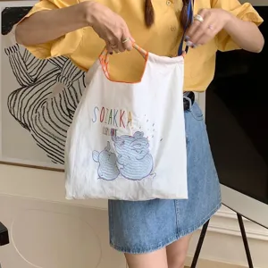 Cute elephant embroidered canvas tote bag student shoulder bag casual shopping handbag