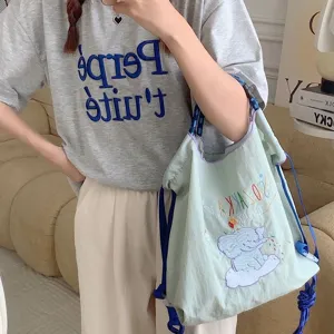 Cute elephant embroidery canvas shoulder bag, large capacity casual tote bag for women.