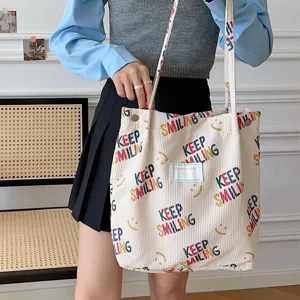 Large Capacity Corduroy Tote Bag For Women Casual Letter Print Shopper Bag Student School Shoulder Commuting Bag