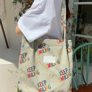 Casual corduroy tote bag for women, large capacity shoulder bag with cute colorful print.